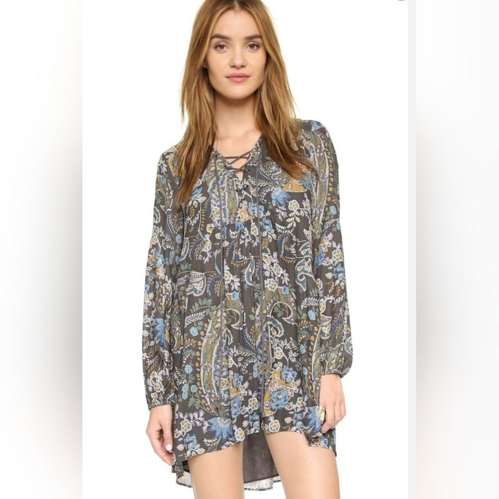 Free People Rain or Shine Gray Paisley Lace Up Tunic Dress Size Small